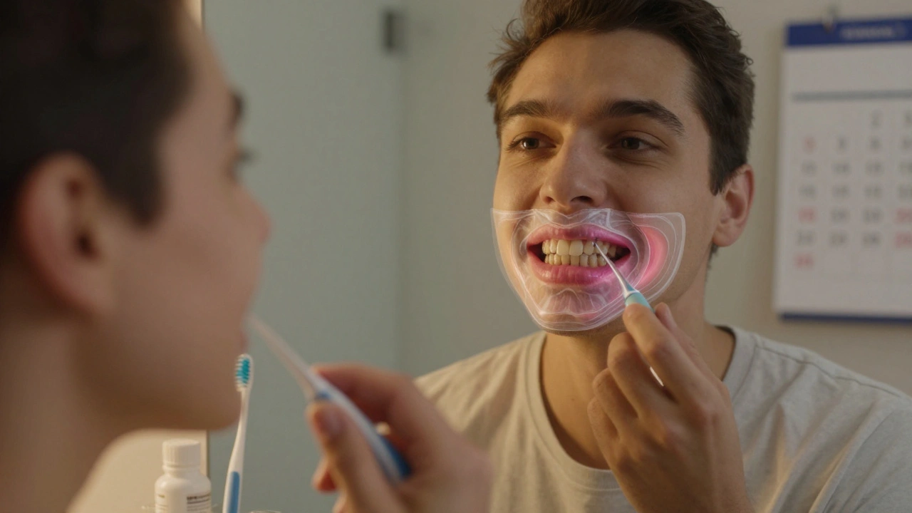 Použití vodního proudu na křivé zuby s viditelnou regenerací dásní