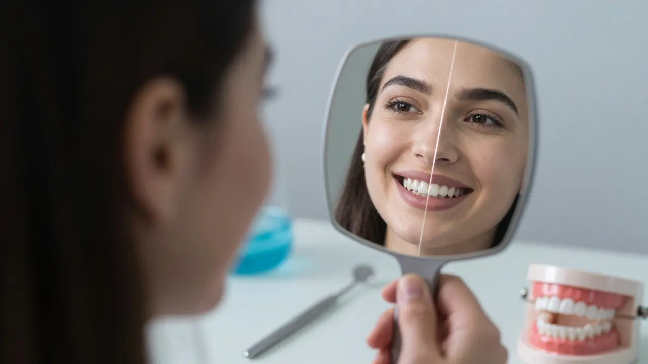 Před a po transformaci úsměvu: jedna polovina se zubními odchylkami, druhá po léčbě