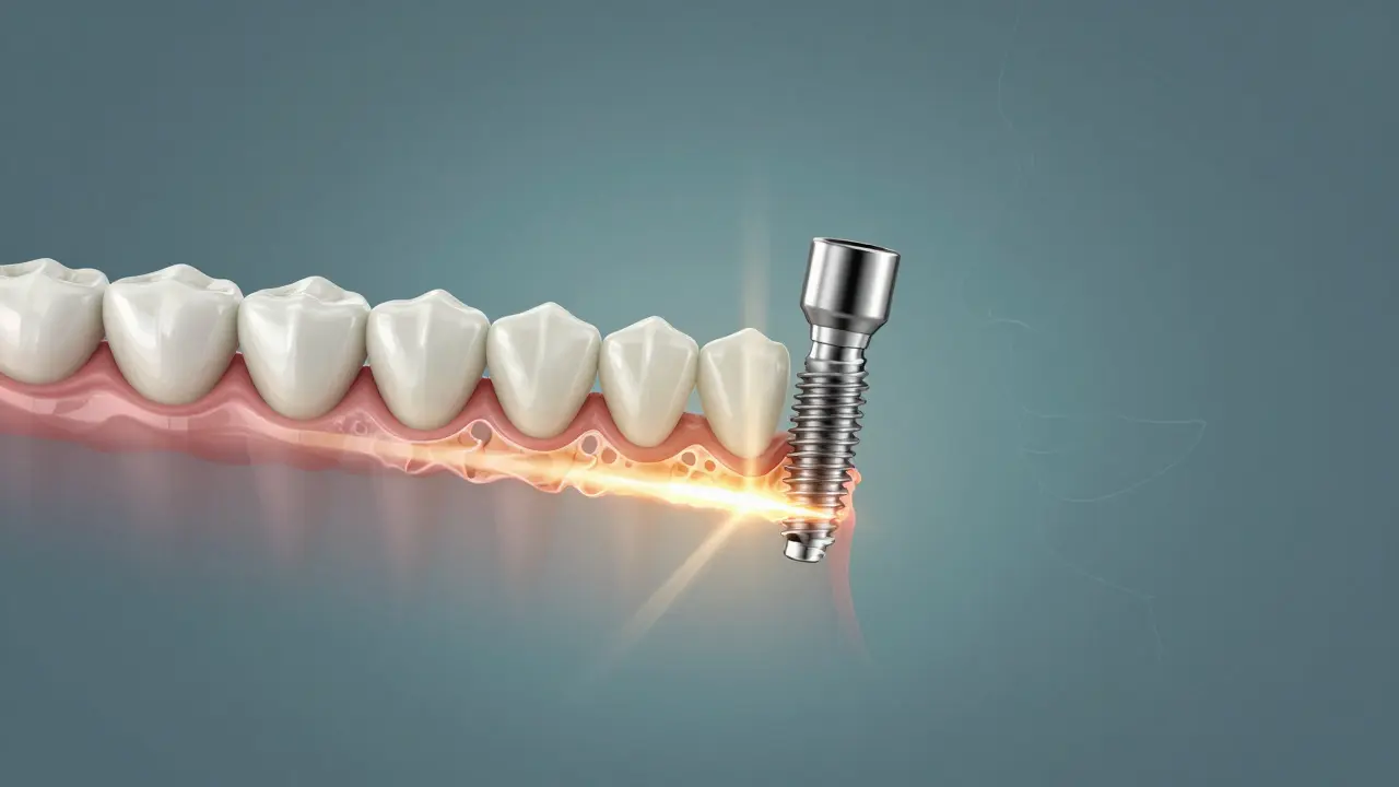 Přehled kosti čelisti s implantátem, který se postupně integruje, symbolizující hojení a obnovu.