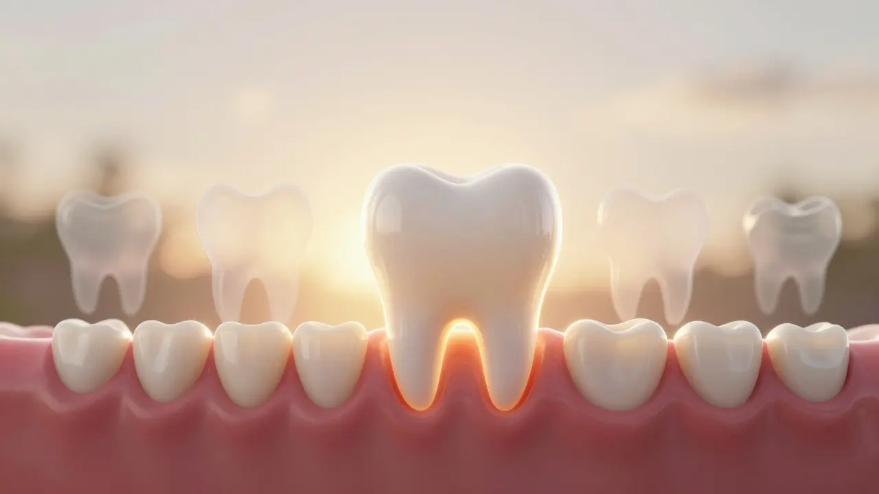 První trvalý molár vyrůstá za mléčnými zuby u dítěte v teplém světle.