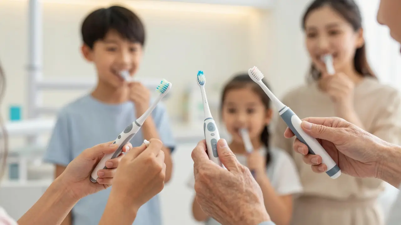 Různé ruce používají sonický kartáček — dítě, dospělý a starší osoba — symbolizující širokou dostupnost.