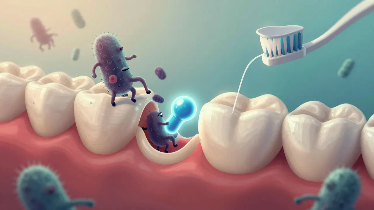 Skrytá bitva bakterií proti zubní sklovine s ochrannými nástroji.