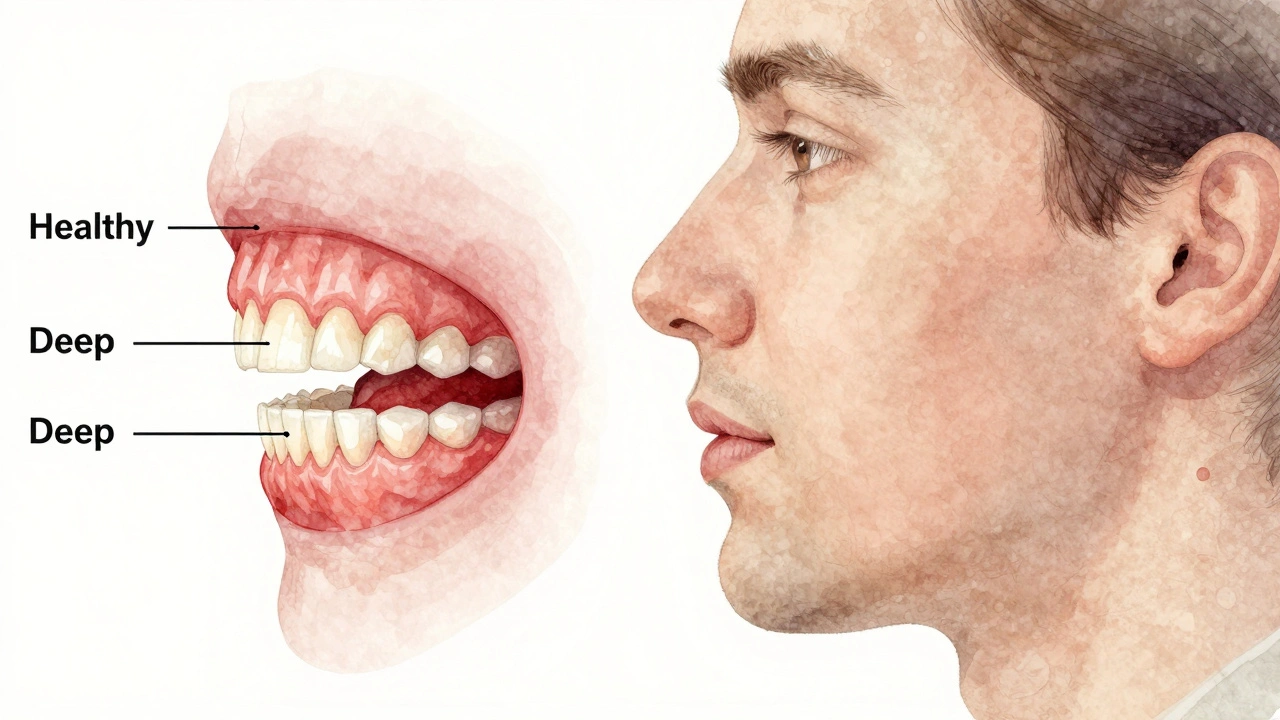 Srovnání zdravého a hlubokého předkusu v profilu, s výrazným překrytím horních zubů nad dolními.