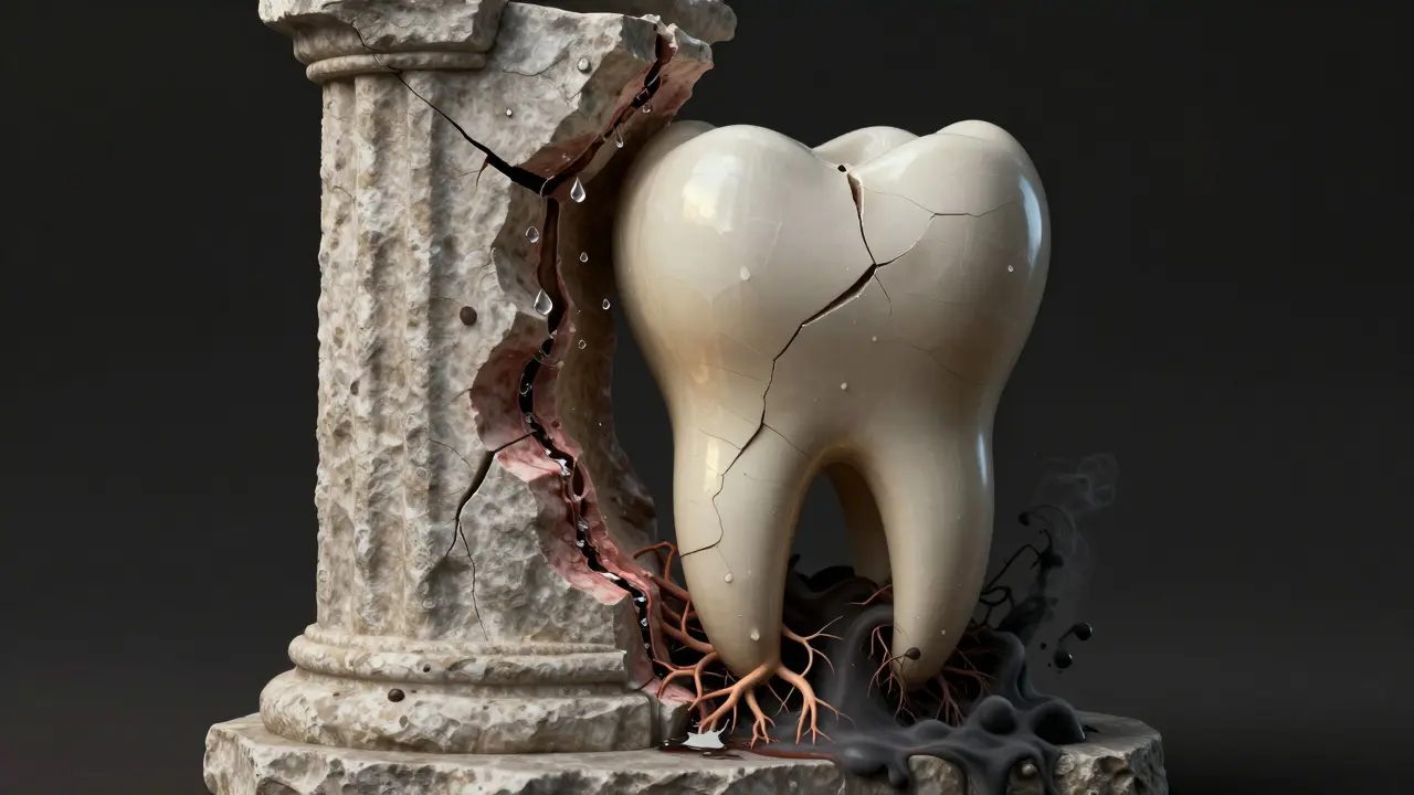 Symbolický obraz prasklého zubu jako rozpadajícího se sloupu, kde voda ničí kořeny a šíří infekci.