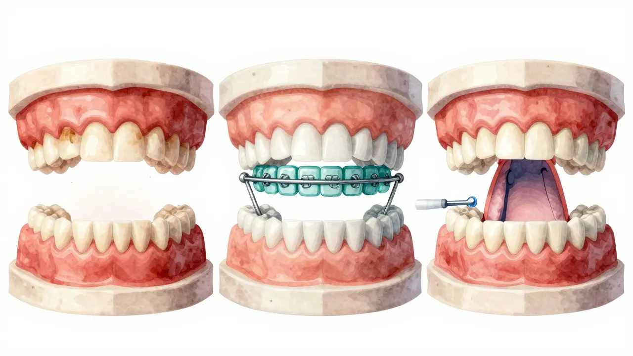 Tři modely zubů ukazující různé metody bělení: povrchové skvrny, domácí trubky a laserové bělení.