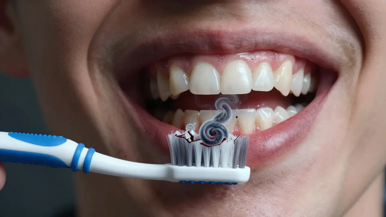 Zdravý ústní dutina proti rozpadajícímu se kartáčku s bakteriálními oblaky.