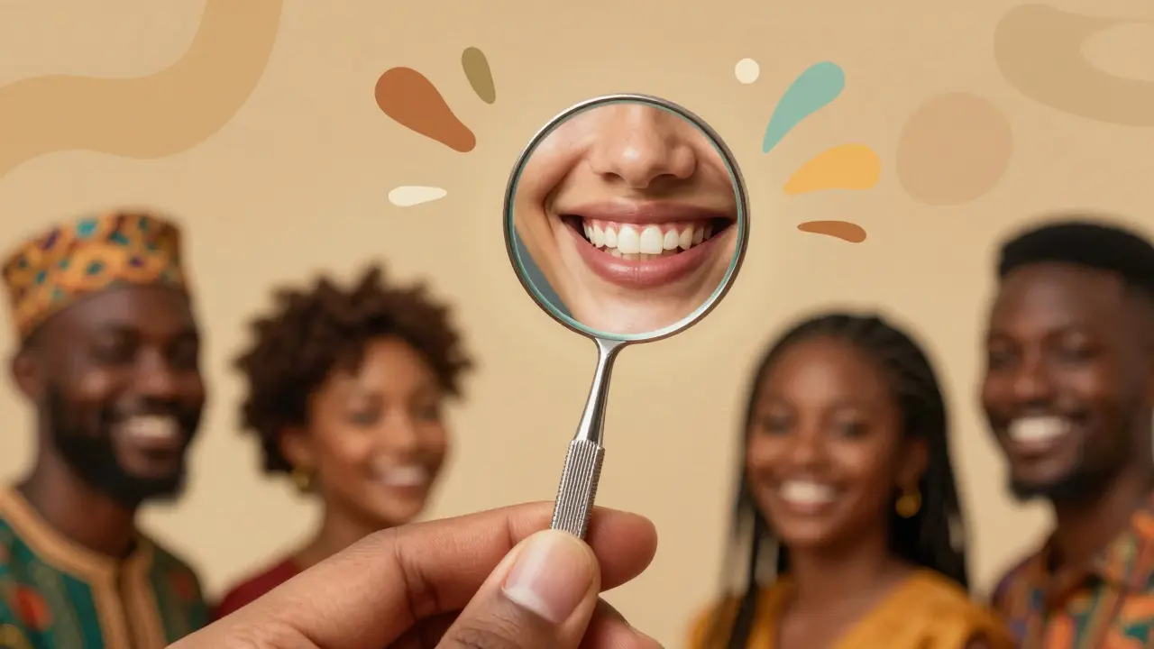 Zrcadlo odráží jasný úsměv s mezerou, obklopené zlatým světlem a kulturními symboly.