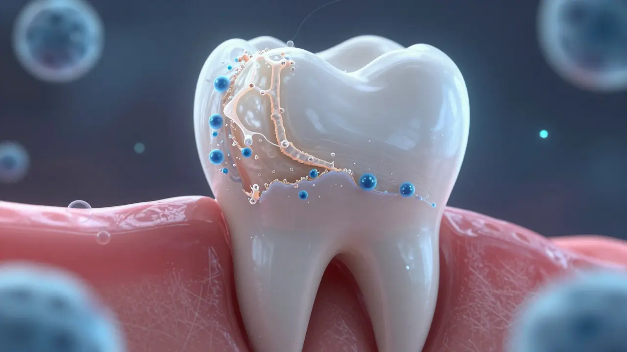 Zub se obnovuje přirozenými minerály pod vlivem fluoridu.