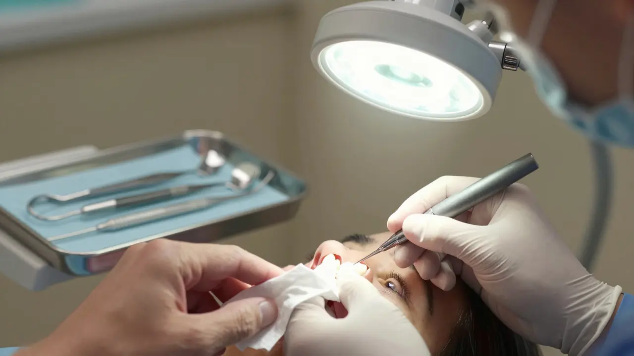 Zubař opravuje poškozený zub kompozitní hmotou při světle lupy.