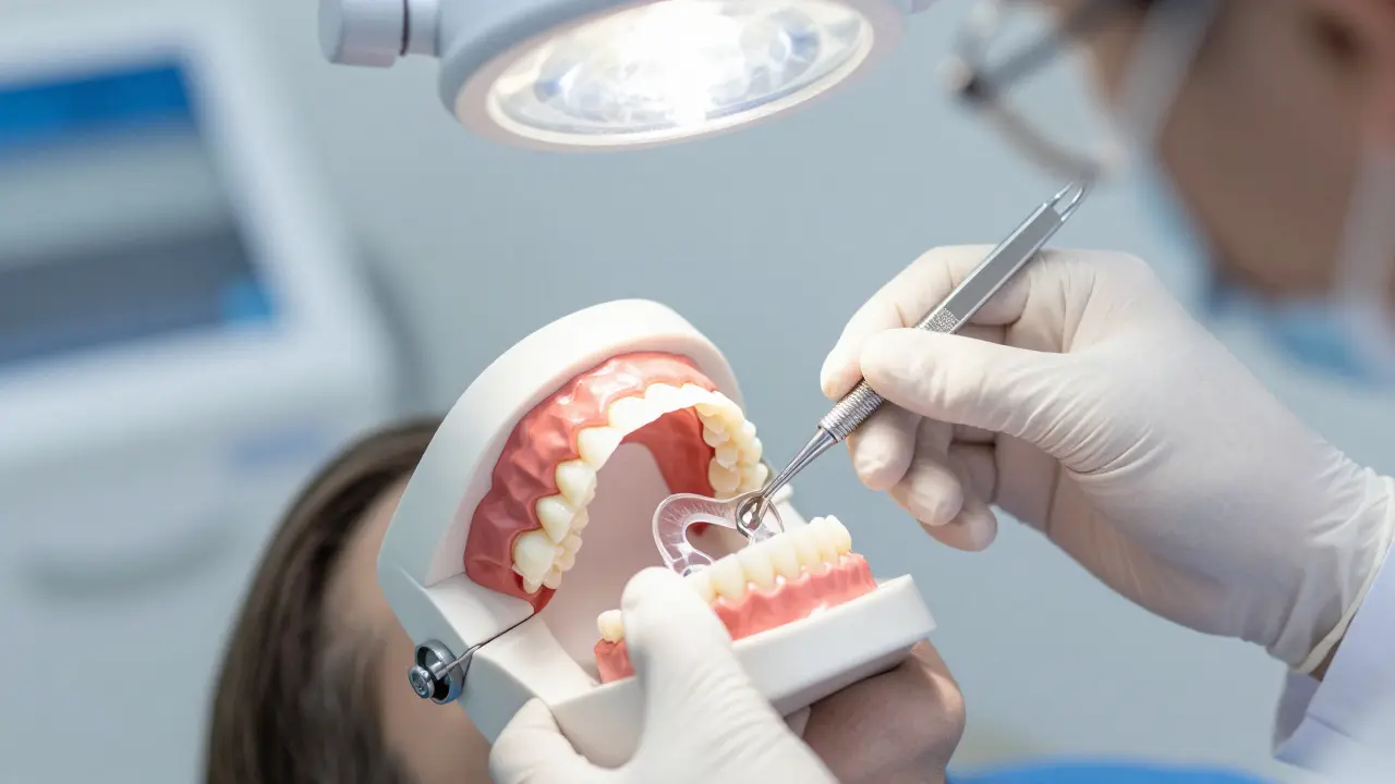 Zubař přizpůsobuje dočasnou zubní nástruhu pacientovi