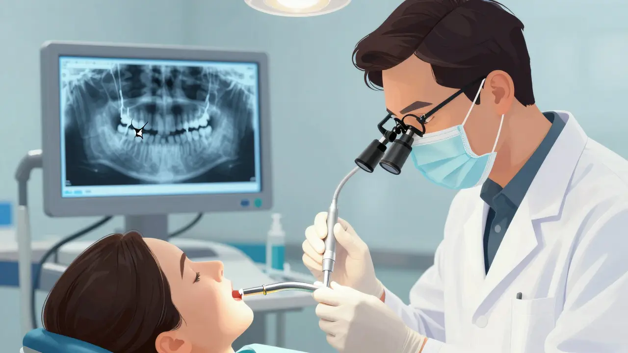 Zubař prohlíží prasklý zub pomocí světla a rentgenového obrázku ukazujícího hlubokou trhlinu.