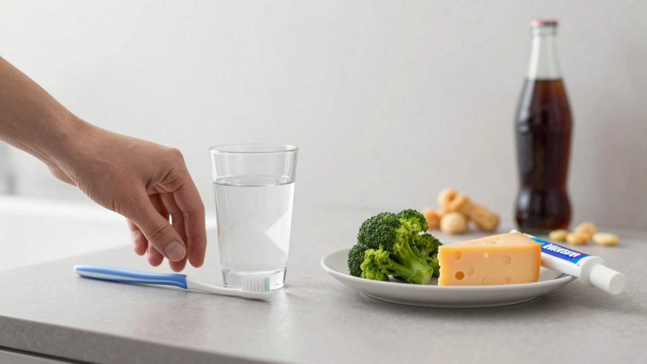 Zubní kartáček, voda, brokolice a sýr vedle sebe – ochrana proti sladkým potravinám v pozadí.