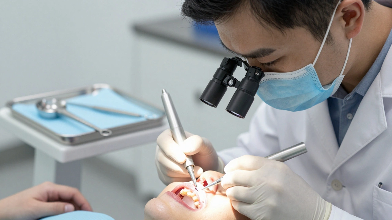Zubní lékař prohlíží kompozitní plombu pomocí lupy a světla