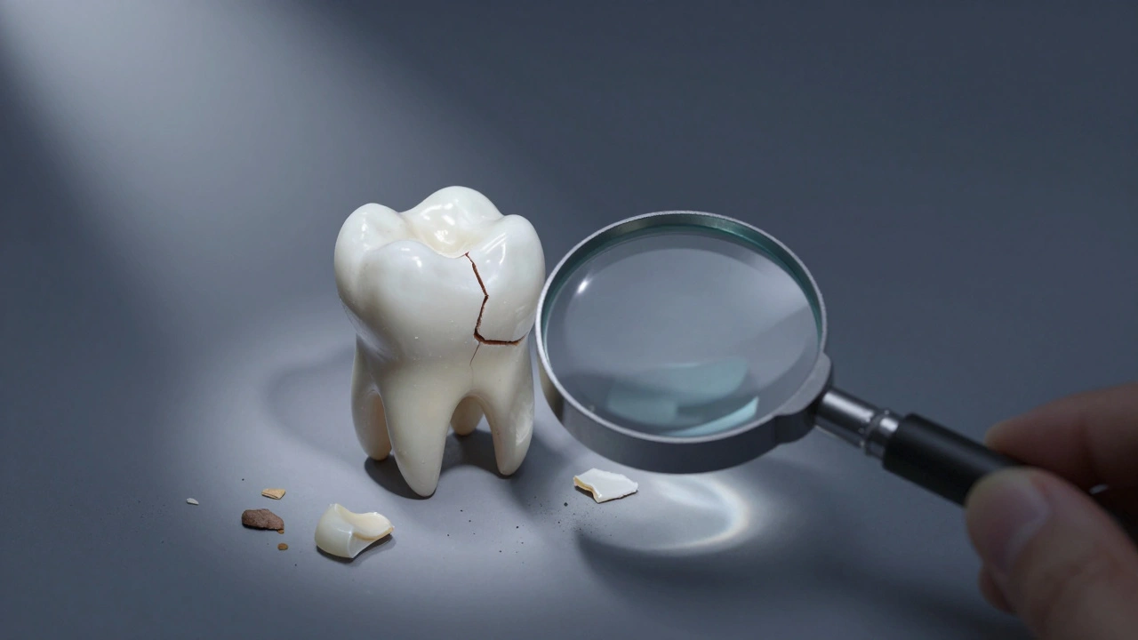 Zvětšený pohled na poškozené zuby a opotřebené řezáky s náznakem poruchy čelistního kloubu.