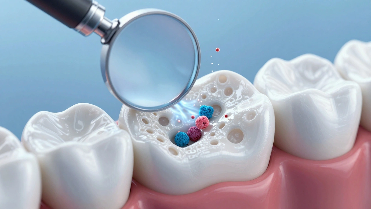 Zvětšený pohled na zubní email s mikropóry otevřenými během bělení, s pigmenty odcházejícími z povrchu.