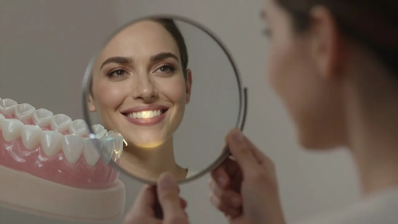 Člověk se dívá do zrcadla, kde se keramické fazety jemně navazují na jeho zuby.