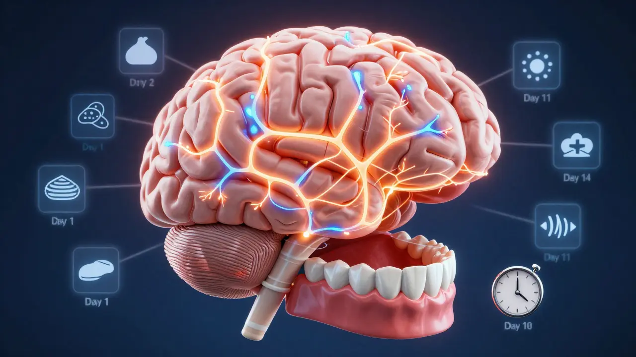 Diagram mozku s aktivními nervovými cestami spojujícími se s korunkou v ústech.