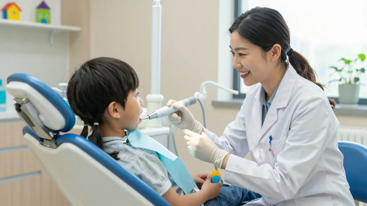 Dítě na zubním křesle při profesionálním odstraňování zubního kamene u pediatrického stomatologa.