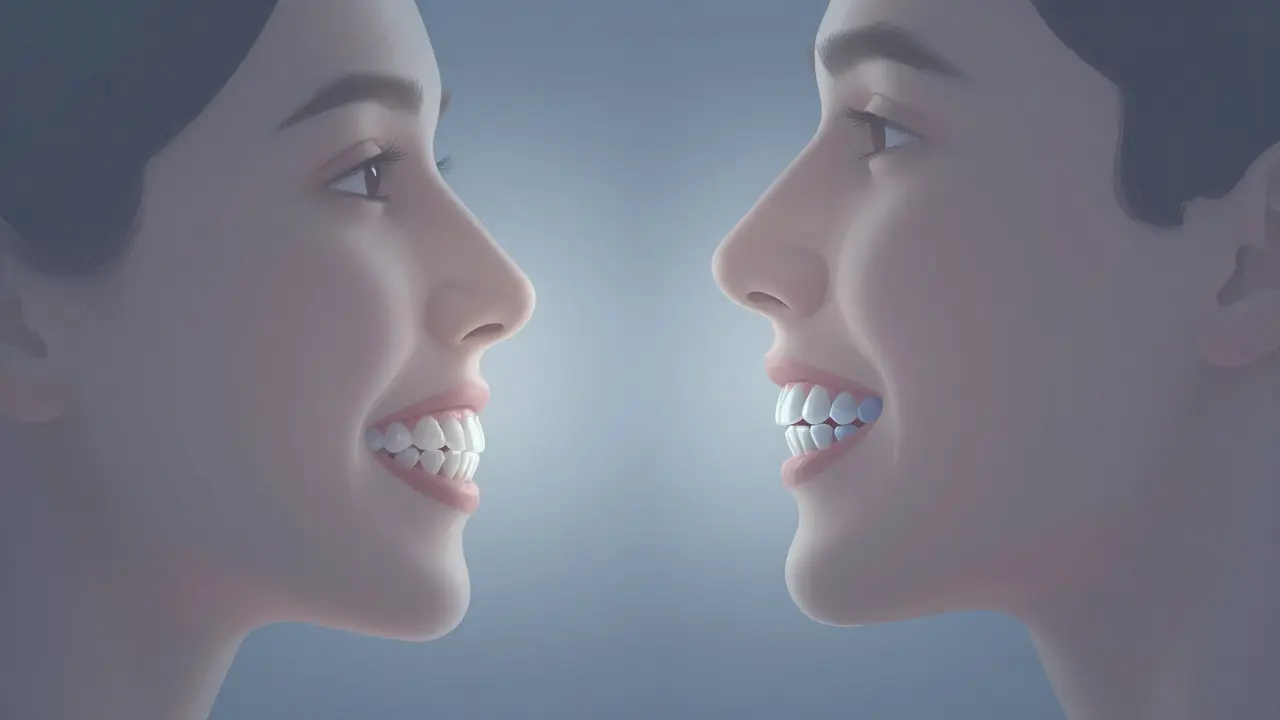 Dospělý s předkusem, jehož dolní zuby jsou skryté pod horními, nosí průhledné ortodontické přezůvky.