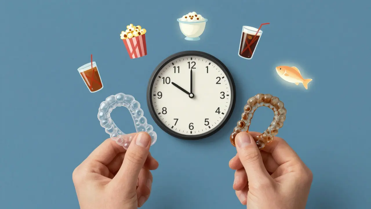 Dvě sady rovnátek – čistá a znečištěná – s ikonami jídel, symbolizujícími správné a špatné návyky.