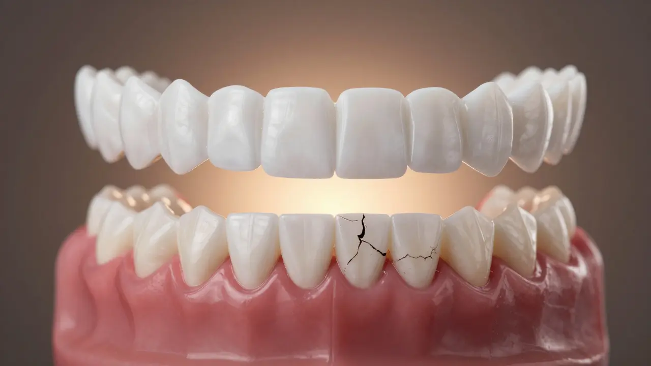 Dvě sady zubů — dokonalé vložky nad skutečnými, poškozenými zuby — symbolizující volbu.