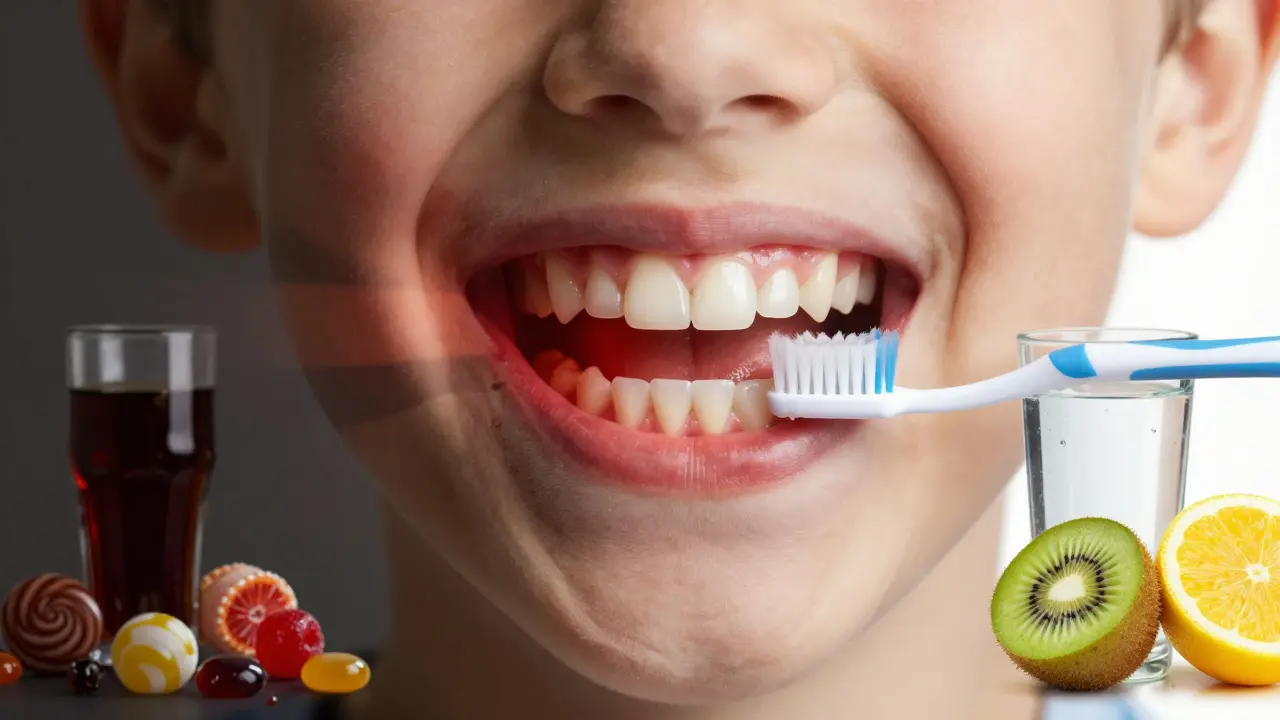 Dvě strany ústního zdraví: zánět s cukrem na jedné straně, zdravé dásně s ovocem na druhé.