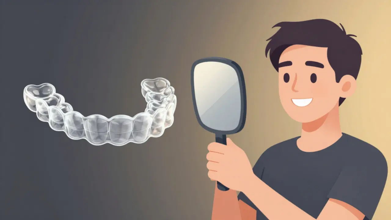 Dvě verze stejné osoby: jedna s ortodontickými čepicemi, druhá se spokojeným úsměvem.