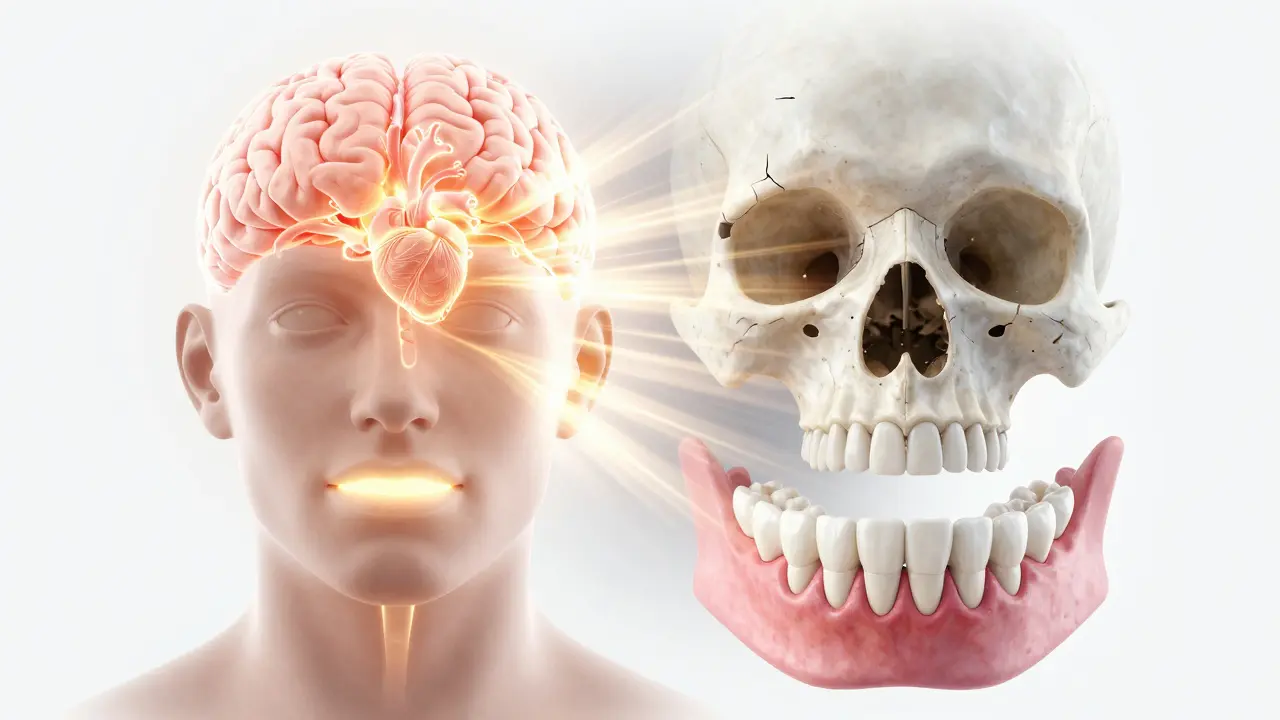 Face with healthy teeth glowing with energy to vital organs, contrasting with decaying jaw in shadow.
