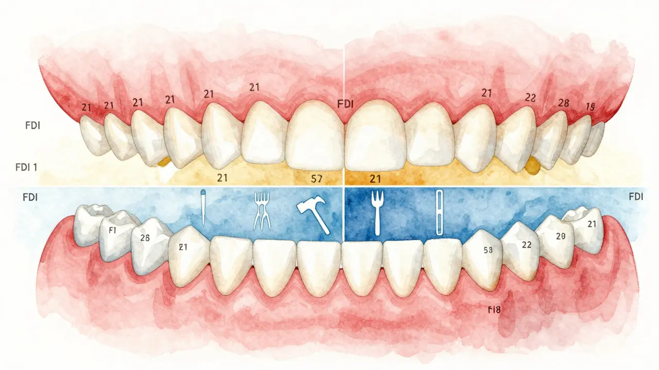 Ilustrace čtyř kvadrantů zubů s čísly FDI a symboly jejich funkcí.