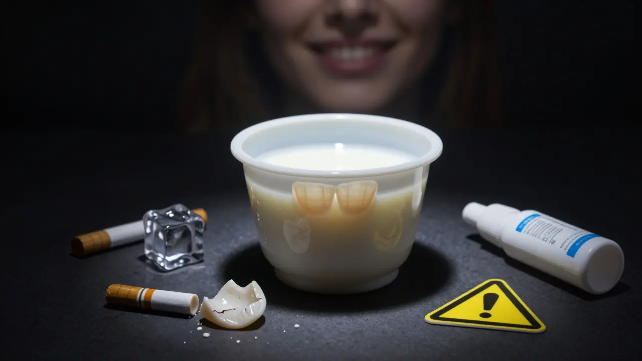 Keramická fazeta uložená v mléce, s varovnými symboly poškození.