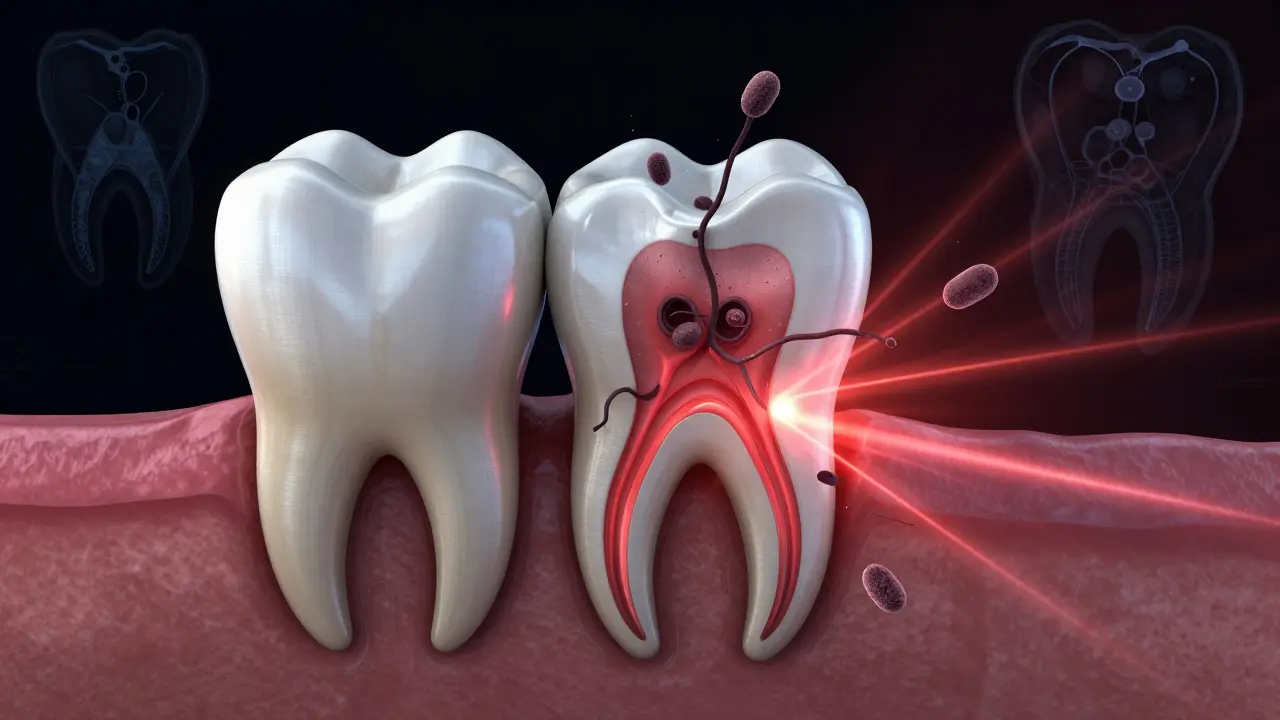 Kořen zubu s rozšiřujícími se bakteriemi a infekcí v čelistní kosti, znázorněno jako červené proudy v tmavém prostředí.