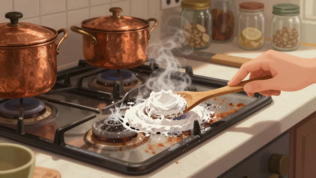 Kuchyňská troubu čistí jedlou sodou s dřevěnou lžící.