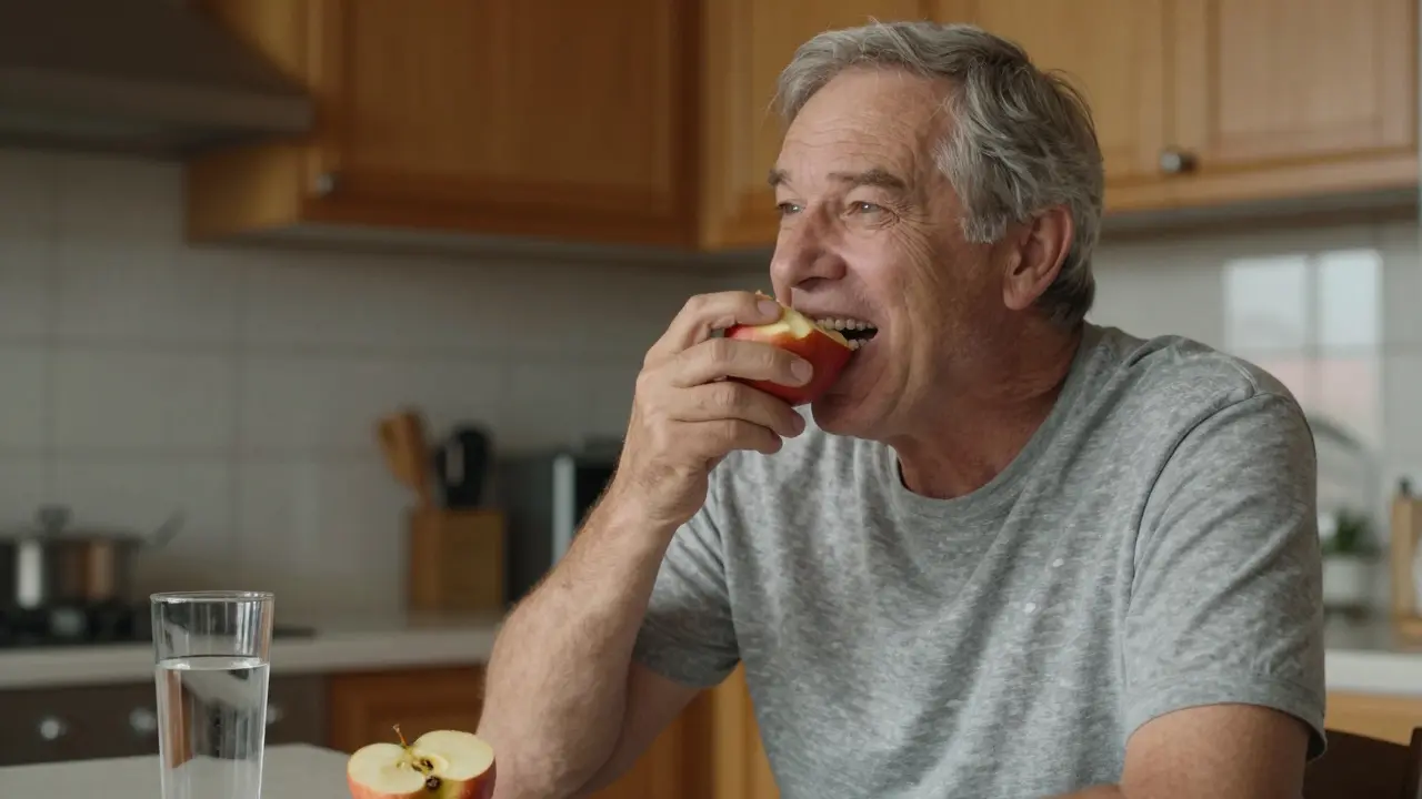 Muž v kuchyni kousne do jablka s přirozeným úsměvem, bez viditelných zubních protéz.