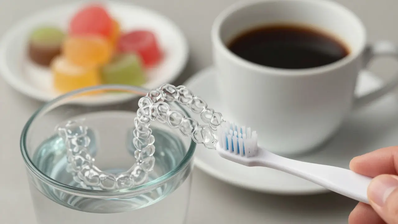 Neviditelná rovnátka se čistí ve sklenici vody, zatímco káva a sladkosti leží nedotčené.