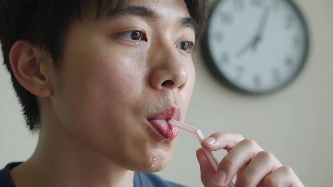 Osoba pije studený nápoj, zatímco se jí vrací citlivost na rtech a jazyku.