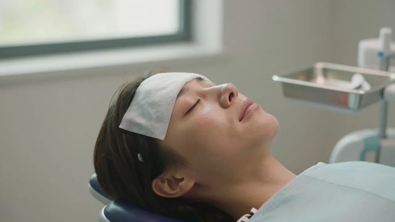 Pacient se zotavuje po operaci s ledovým obalem na tváři.