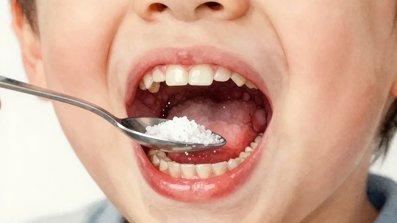 Podrobný výřez dětského úst s zánětem dásní a solným výplachem jako symbol léčby.