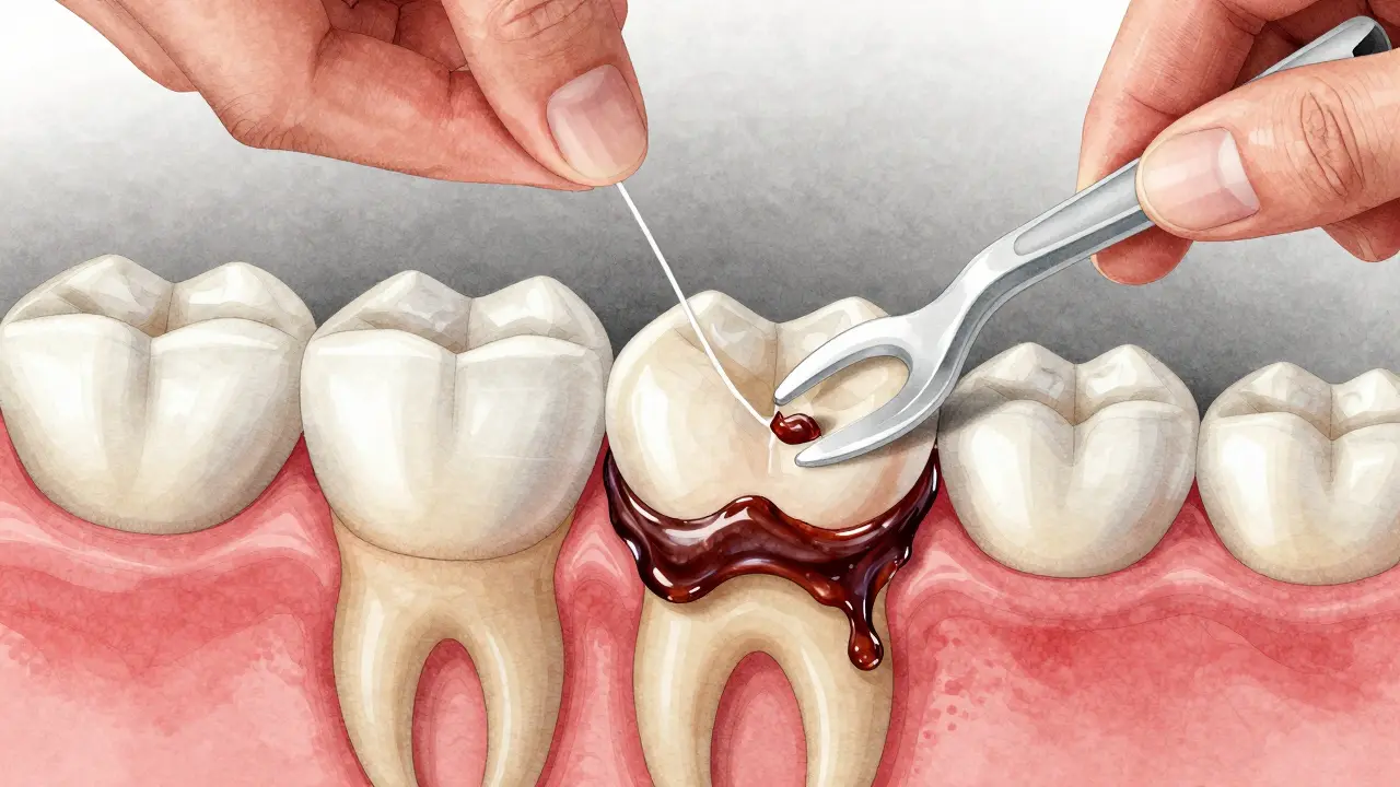 Přehled zubu s fazetou a náležitým čištěním mezizubních prostorů.