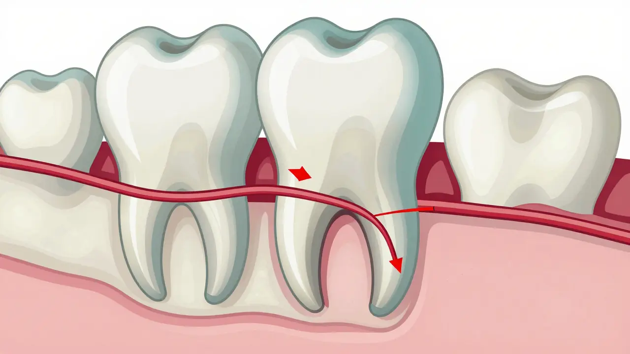 Příčný řez čelisti s zakřiveným kořenem a blízkým nervem.