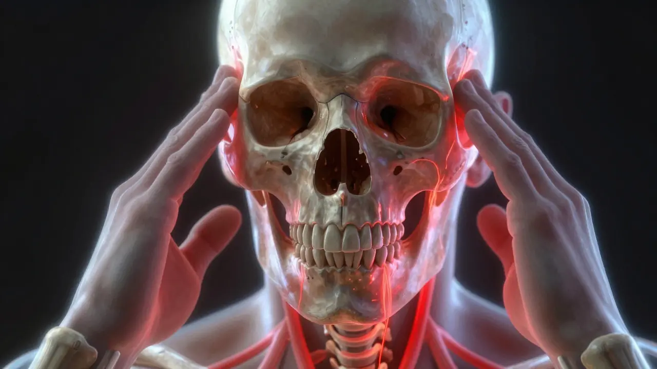 Průhledný lebka s vyznačeným předkusem a napětím v čelistním kloubu a krku.