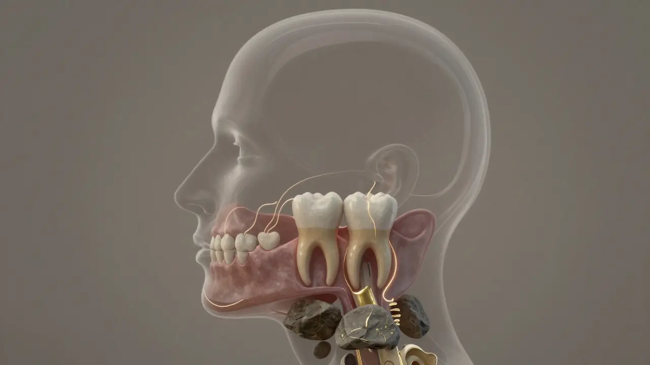 Průhledný profil hlavy s vnitřní strukturou zubního oblouku a symbolickými zuby moudrosti.