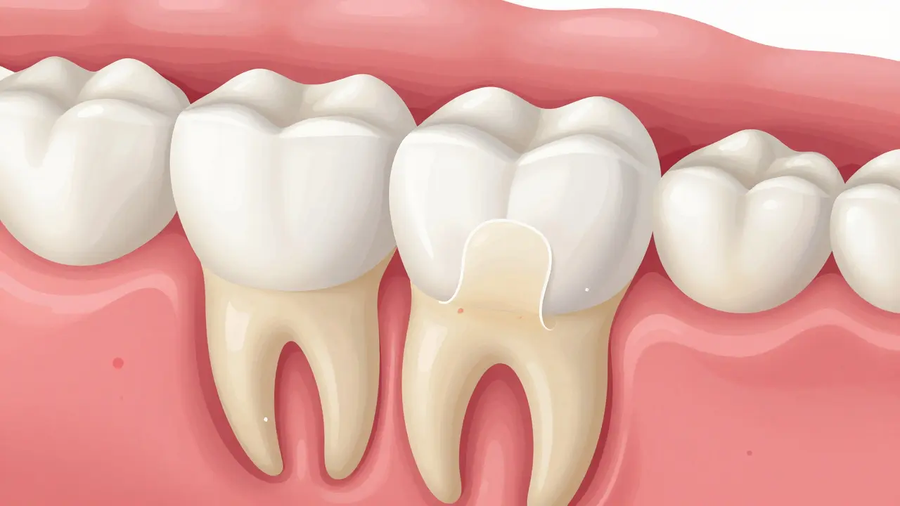 Průřez zubu s bleaching gelem pronikajícím do skloviny a rozkládajícím pigmenty.