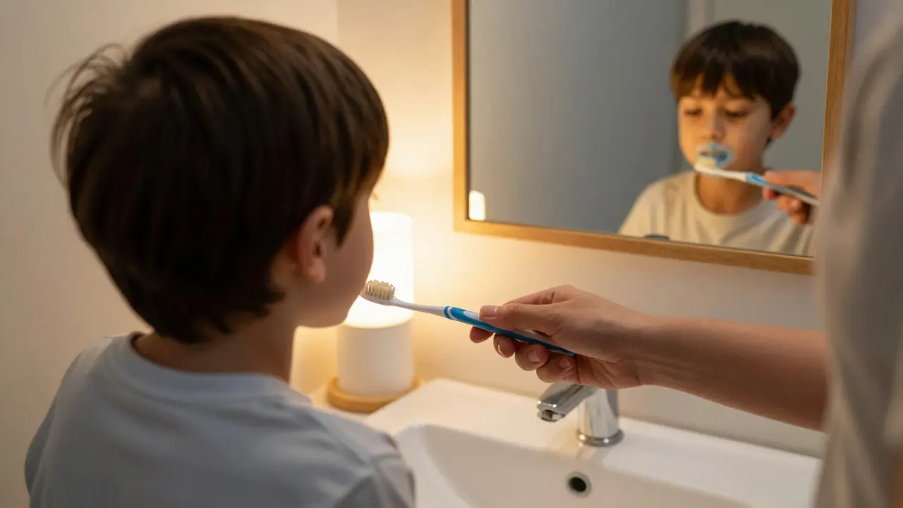 Rodič čistí zuby dítěti ve večerní koupelně před spaním.