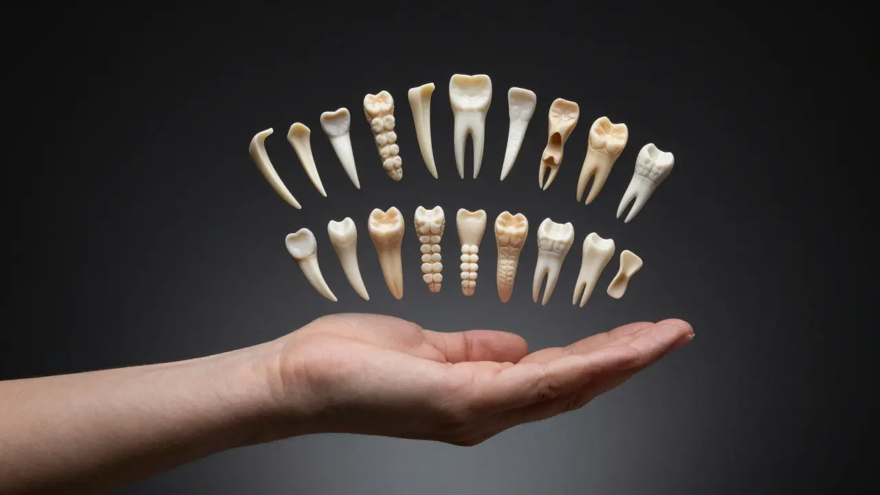 Rozdělení zubů podle typu a funkce jako nástroje v ruce.