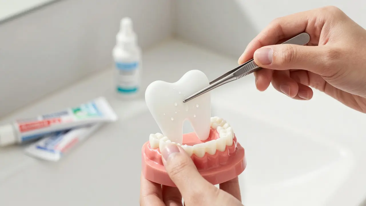 Ruka přidává průhlednou zubní vložku na zuby s kapkami vody na povrchu.