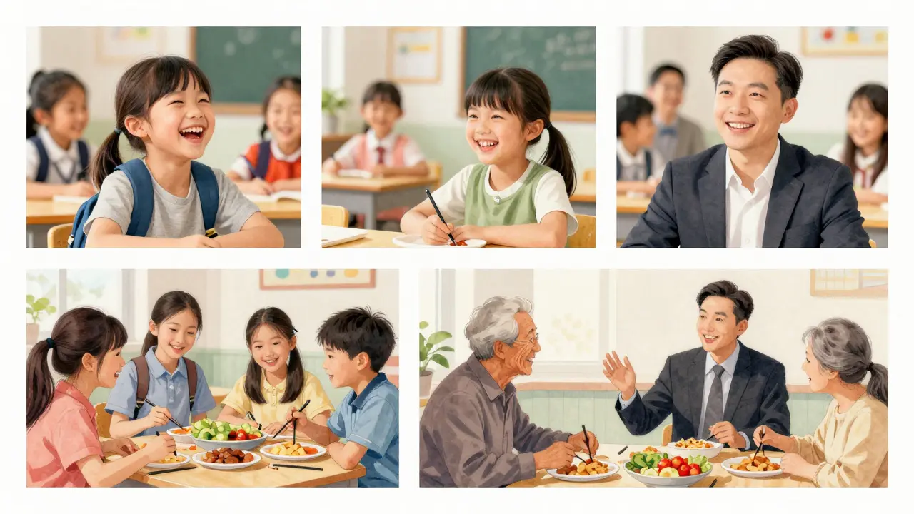 Různí lidé se smějí v každodenních situacích — škola, práce, rodina — se zdravými zuby.