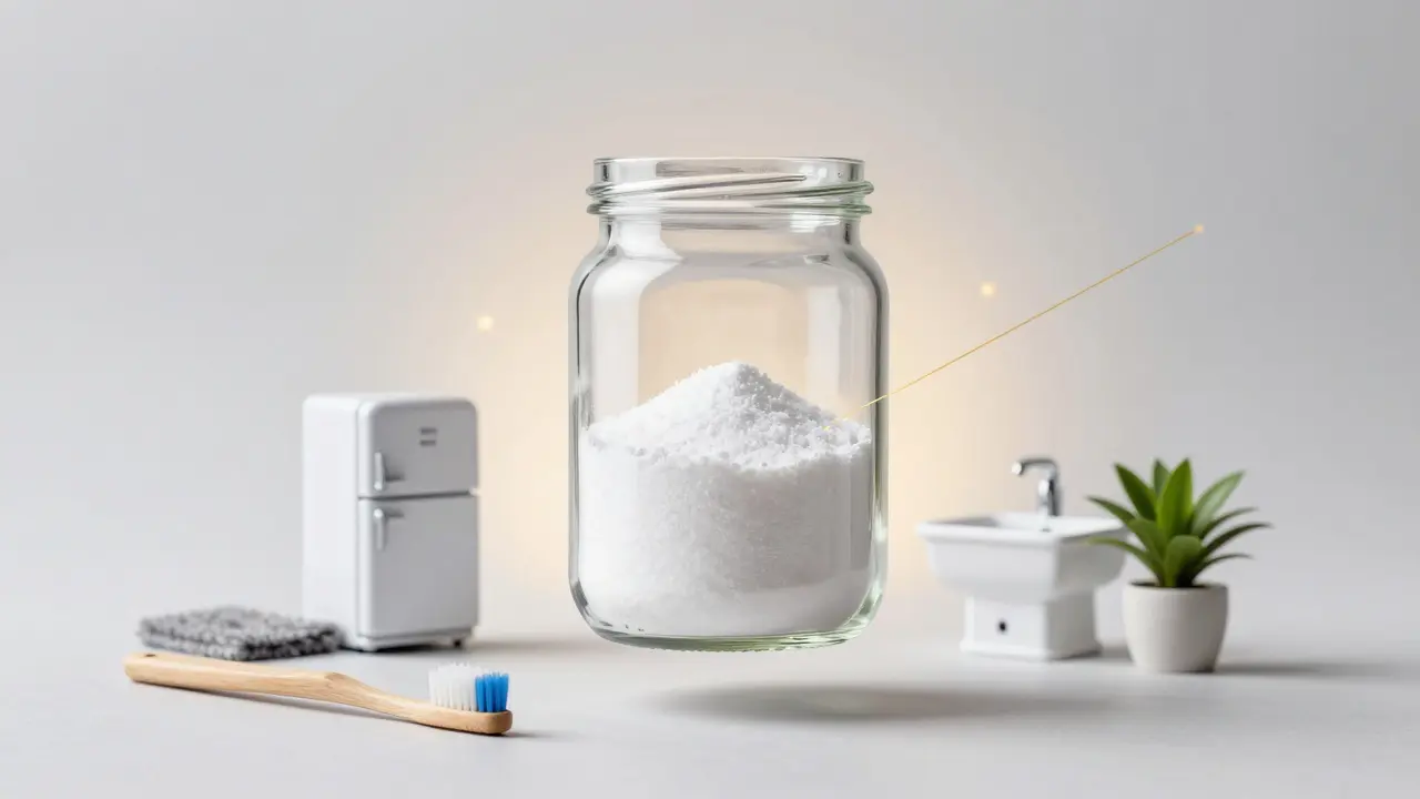 Skleněná nádoba s jedlou sodou spojuje různé domácí použití.