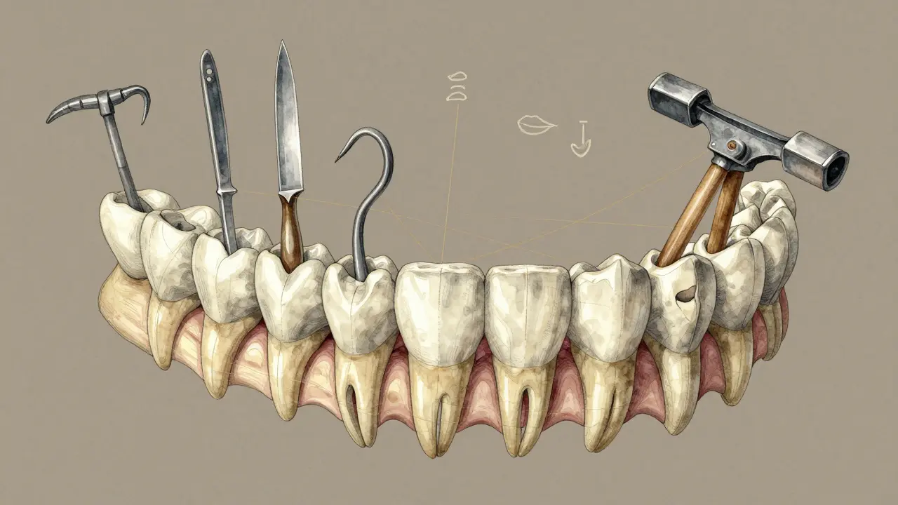 Stylized jaw diagram with teeth represented as specialized tools connected to body systems.