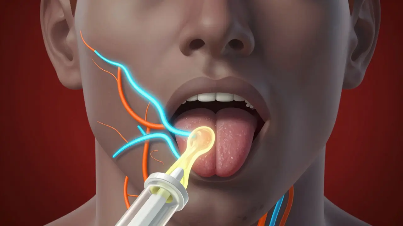 Stylizovaný řez obličejem s blokovanými nervovými cestami anestetikem.