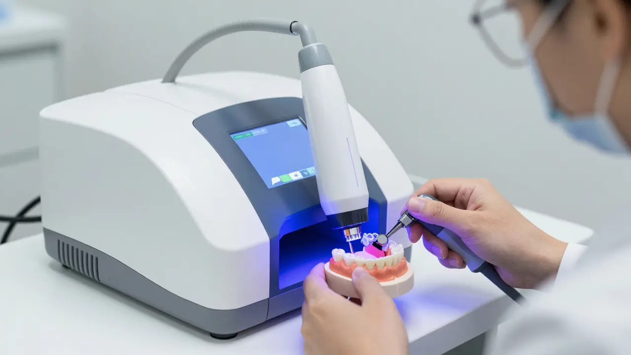 Technik používá digitální 3D skener k vytvoření přesného modelu ústní dutiny.